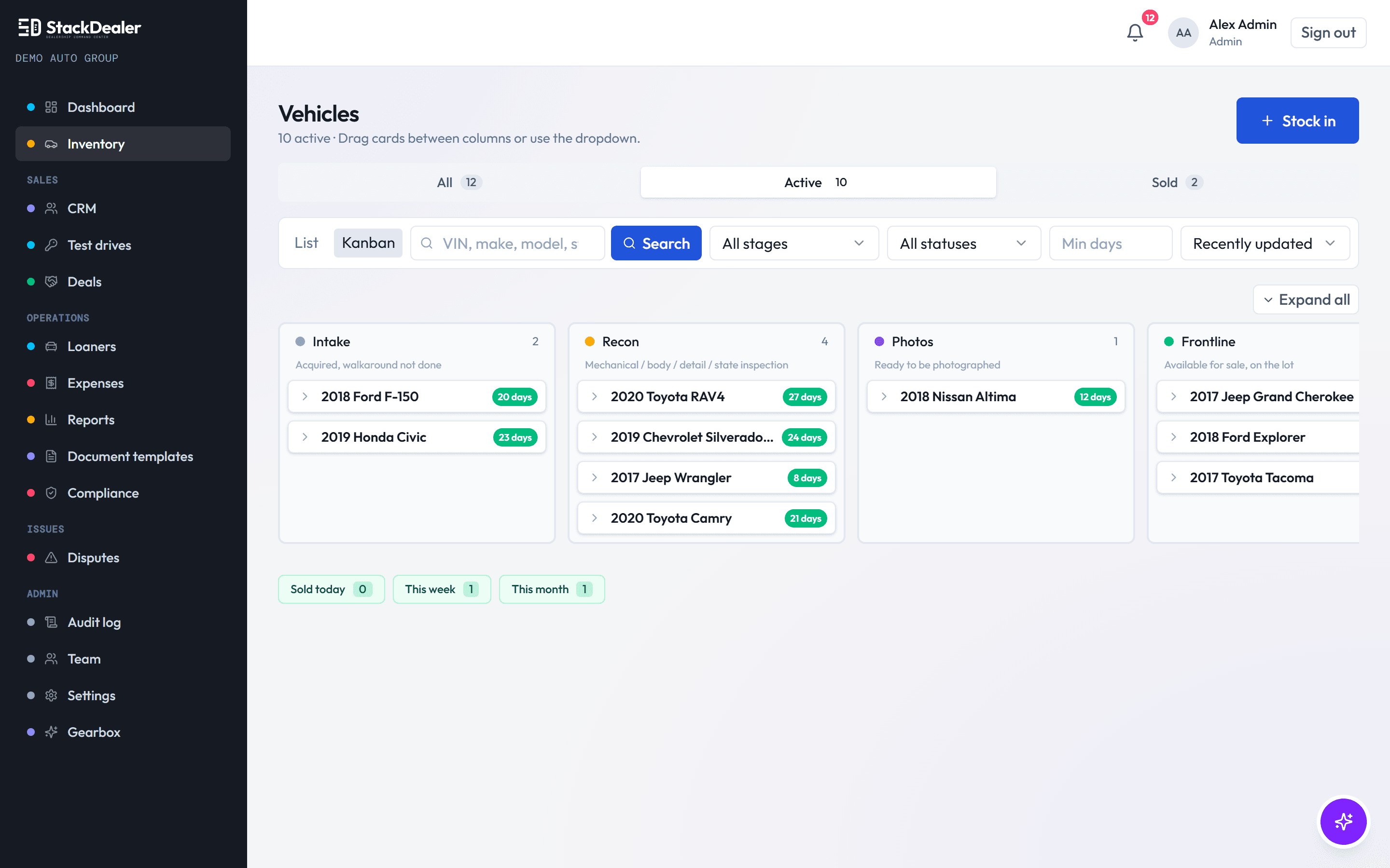 StackDealer inventory kanban — Intake, Recon, Photos, and Frontline columns with days-on-lot badges